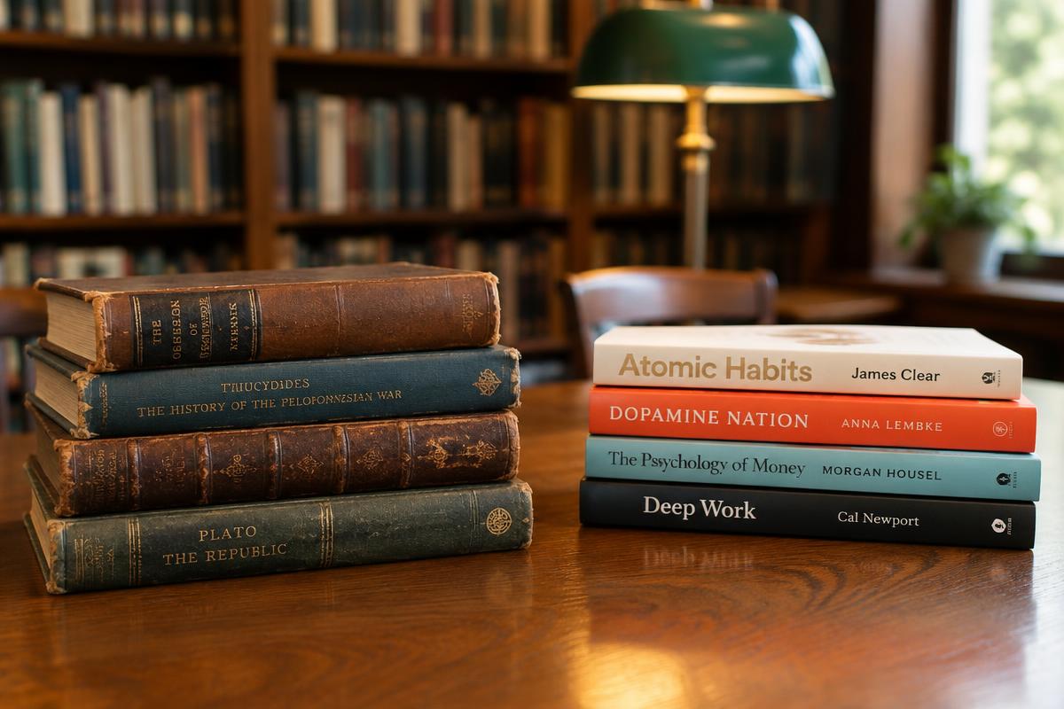 Stacks of old and new books on a wooden table