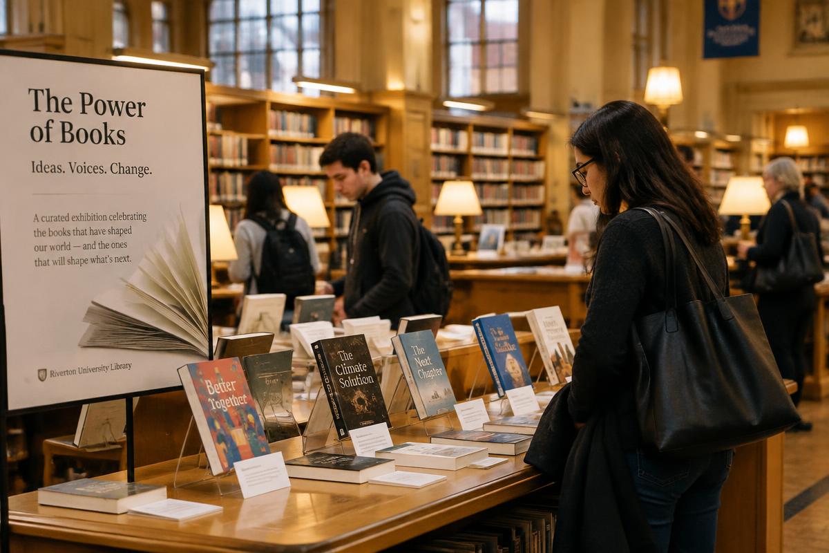Visitors browsing a library book exhibition