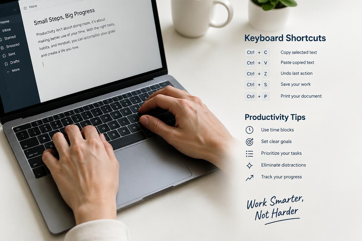 Hands typing on a laptop with productivity tips