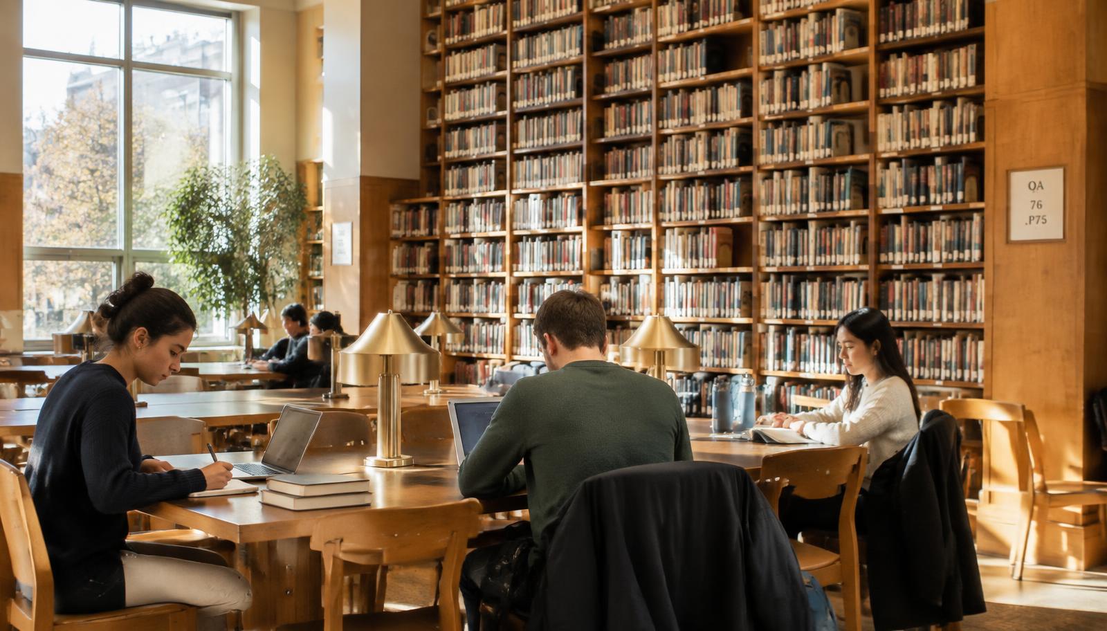 Students studying in a sunlit library reading room