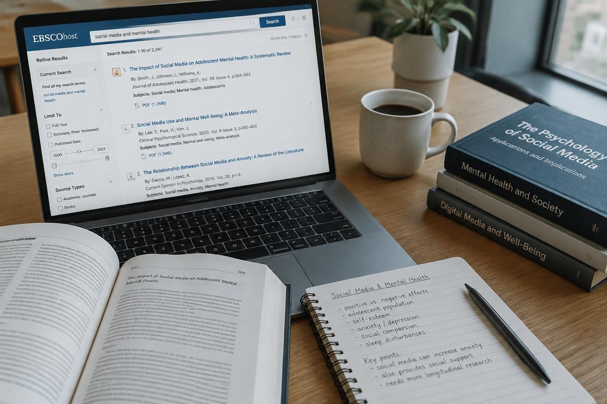 Laptop showing an academic database beside journals and notes